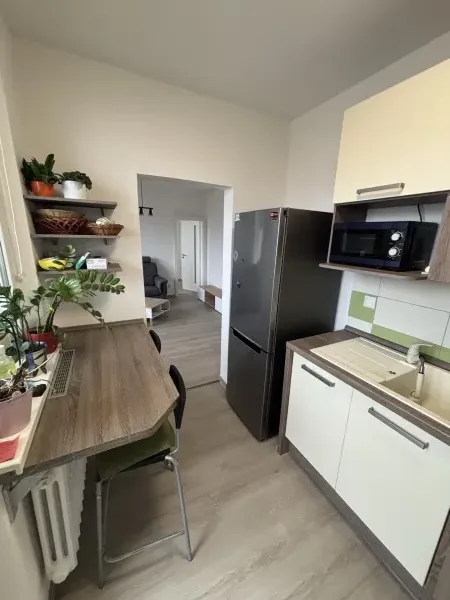 Kuchyňa — pohľad s chladničkou a chodbou — Karlova Ves - Bratislava